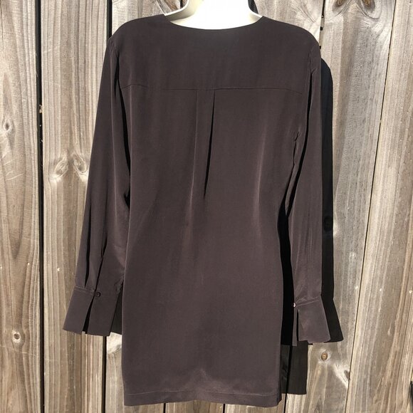 Ecru Medium Silk Blouse Top Brown V Neck Long Sleeve Pleated Button Cuffs - Picture 3 of 8
